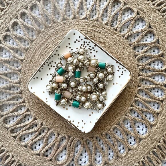 J Crew Set of 2 Gold Tone Pearl Accent Peach Green Stone Strand Necklaces Lot - Picture 3 of 8